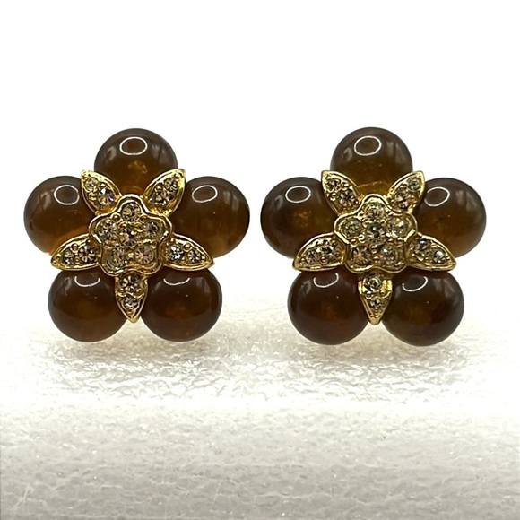 Lucite Brown Floral and Gold Spherical with Rhinestones Vintage Clip on Earrings - Picture 9 of 11